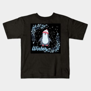 Winter penguin in snow fall Kids T-Shirt